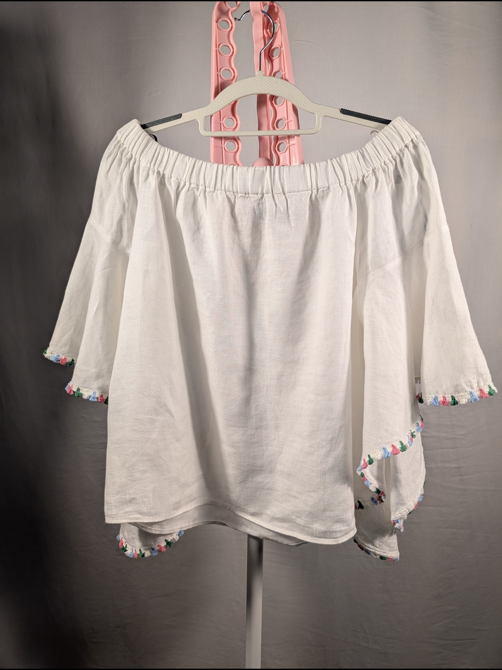 Zara Woman 100% Linen Off Shoulder Tassel Trim Boho Top Small